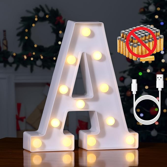 Foaky Rechargeable LED Letter Lights Sign Marquee Light Up Letters Sign for Night Light Wedding/Birthday Party Christmas Lamp Home Bar Decoration (A)