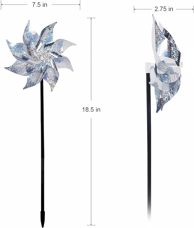 Hausse 10 Pack Reflective Pinwheels with Stakes (Assembly Required), Extra Sparkly Pin Wheel for Garden Decor, Bird Repellent Devices Deterrent to Scare Birds Away from Yard Patio Farm