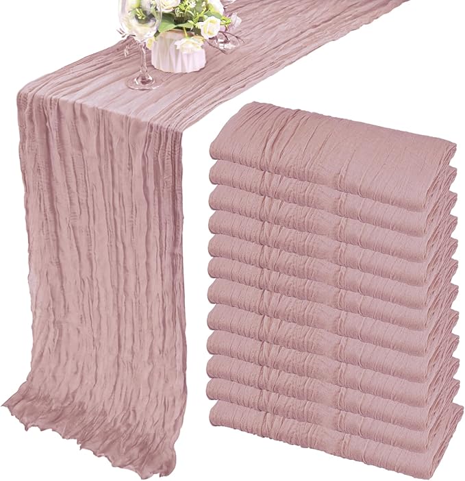 12 Pack 10Ft Cheesecloth Table Runner 35x120 Inch Boho Gauze Rustic Cheese Cloth Long Romantic Table Runner for Wedding Bridal Shower Birthday Party Table Decor (Dusty Pink)