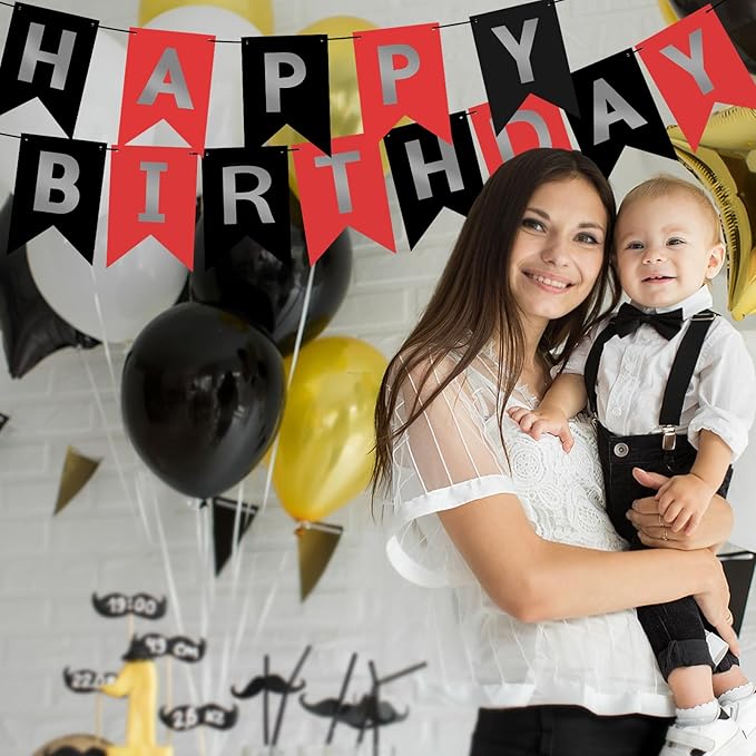 Hooqict Happy Birthday Banner Red Silver Black Happy Birthday Decorations for Kids Men Women Black Party Banner Decorations Supplies Wall Door Garland Sign Bunting Flag