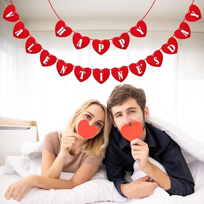 Happy Valentines Day Felt Banner No DIY Valentines Day Banner Pre-Strung Valentine's Day Felt Heart Garland for Valentine's Day Decorations