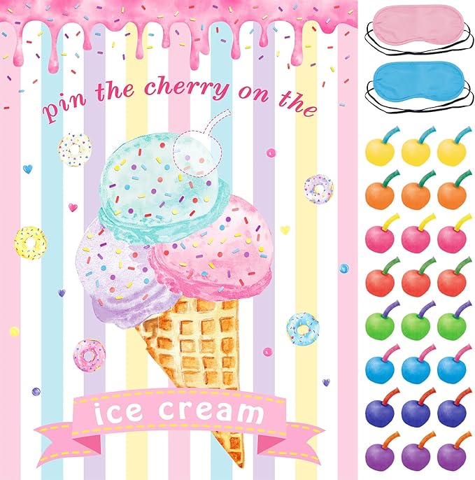 Pin The Cherry on The Ice Cream Game with 24 PCS Cherry Stickers Games Poster for Kids Girls Birthday 21'' x 28''
