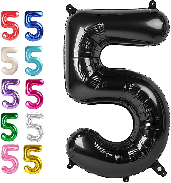 Black 40 Inch Large Number 5 Birthday Balloon, Five 5th 15 25 35 50 55 Birthday Decorations, Foil 5 Mylar Helium Numbers 5 Balloons Girl Boy Anniversary Party Supplies