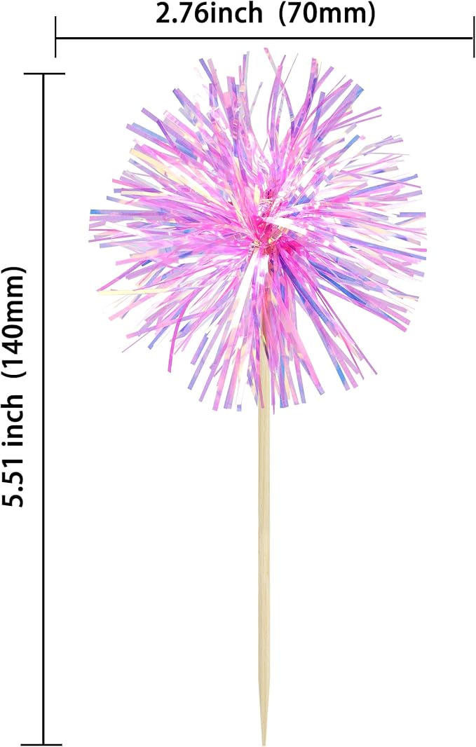 Gyufise 30Pcs Foil Firework Cupcake Toppers Sparkle Tinsel Cake Toppers Tinsel Drink Cake Decoration Cocktail Picks for Birthday Wedding Graduation Party Supplies Laser Rose Red