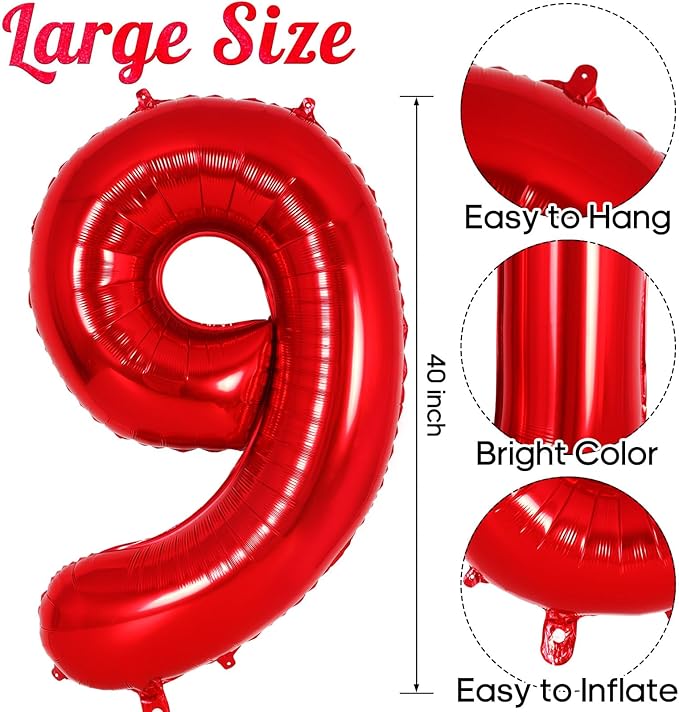 Red Number 9 Balloon 40 Inch, Big Large Foil Helium Number Balloons, Jumbo Giant Mylar Number 9 Balloons for 9 Year Old Birthday Red Party Decorations Supplies Anniversary