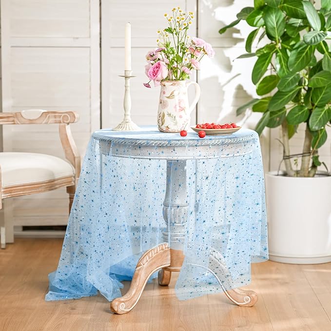 Horaldaily Light Blue Gold Sparkling Star Gauze Tablecloth 60x120 Inch Rectangular, Blue Star Sequin Glitter Metallic Foil, Sheer Tulle Cheesecloth for Wedding Baby Shower Party