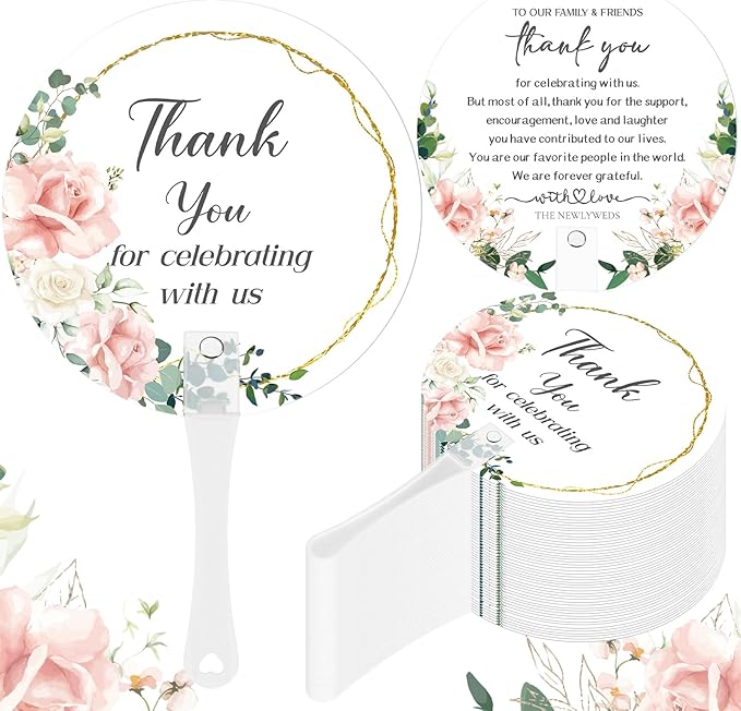 100 Pcs Wedding Hand Fans for Guests Bulk Decorative Plastic Handheld Wedding Favor Fans with Handle Thank You for Celebrating with Us for Ceremony Bridal Shower Party Decor(Flower)