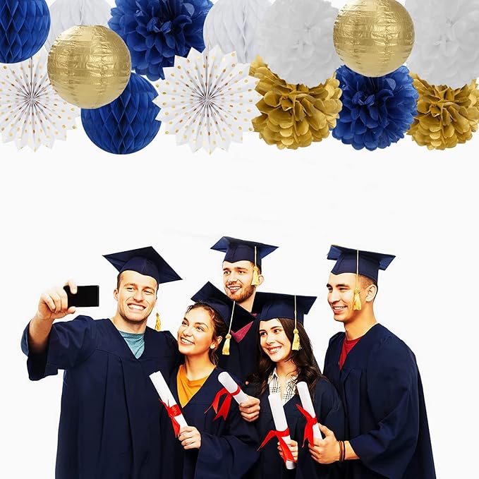 Navy-Blue White Gold Party Decorations - 14pcs Kits Paper Lanterns Fan,Tissue Flower Pom Poms Streamers,Honeycomb Balls,Graduation 2025 Men Birthday Wedding Baby Bridal Shower Decor Lasting Surprise
