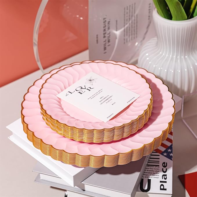 Lullaby 60PCS Pink Scalloped Plastic Plates with Gold Rim, Disposable Elegant Plates Include 30pcs Dinner Plate 10.25", 30pcs Dessert Plate 7.5", Perfect for Daily Use, Wedding and Party