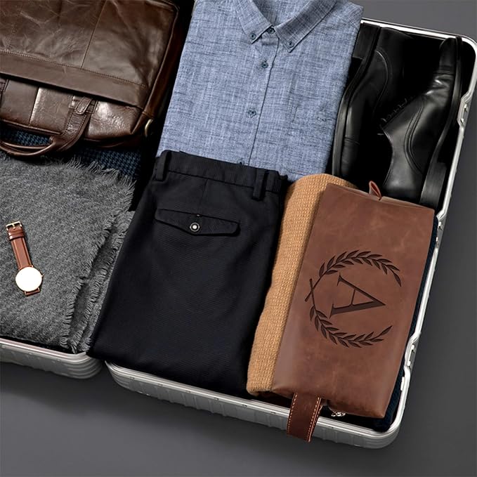 Personalized Gifts Travel Toiletry Bag for Men Engraved Initial PU Leather Waterproof Shaving Bag for Toiletries Accessories Fathers Day Birthday Gift for Men Dad Husband Son, Reddish Brown N