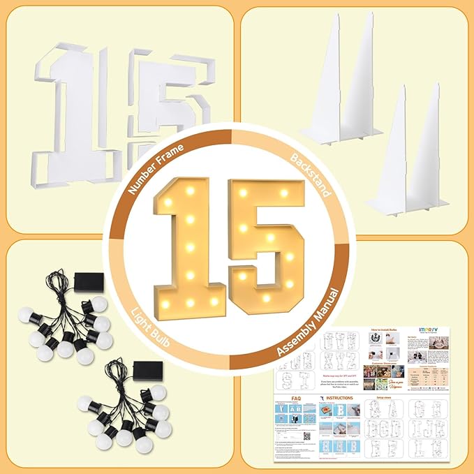 imprsv 3FT Light Up Numbers, Marquee Numbers 15th Birthday Decorations for Girls Boys, 15th Birthday Women Foam Board Anniversary Party Decorations Arch Kit (DIY)