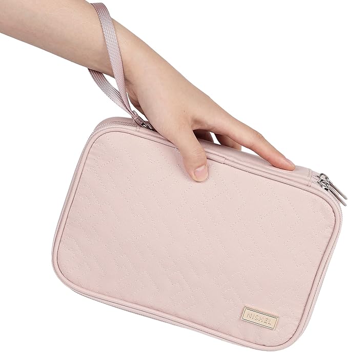 NISHEL Travel Cord Organizer Case, Double Layers Tech Electronic Bag, Essentials for Charger, Cable, Phone, Flash drive, Large, Pink