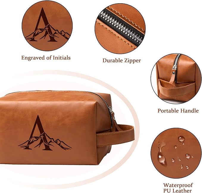 Personalized Gifts Travel Toiletry Bag for Men Engraved Initial PU Leather Waterproof Shaving Bag for Toiletries Accessories Fathers Day Birthday Gift for Men Dad Husband Son, Light Brown Y