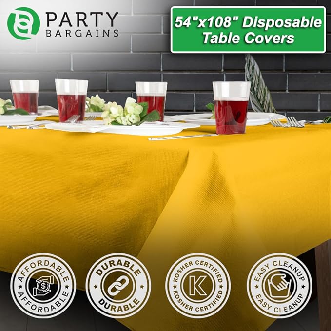 PARTY BARGAINS Disposable Table Covers, 54 x 108 Inch, Yellow, 3-Ply Paper & Plastic Spill-Resistant Party Tablecloths, 40 Pack