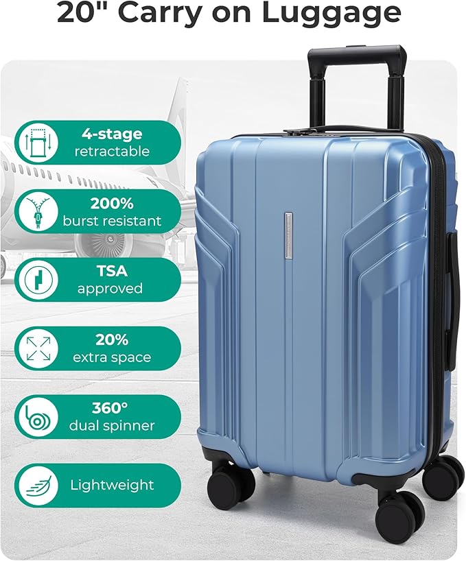 BAGSMART Expandable Carry On Luggage 22x14x9 Airline Approved, 1OO% PC Lightweight Hard Shell Suitcase, 20 Inch Travel Luggage with Spinner Wheels, Waterproof Rolling Suitcase,Blue