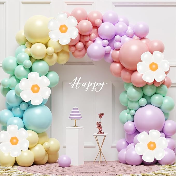 Daisy Balloon Arch Garland Kit - 136Pcs Pastel Rainbow Balloon Arch Kit - Birthday Balloons, White Groovy Flower Macaron Pink Yellow Blue Purple Balloons for First Birthday Wedding Party Decorations