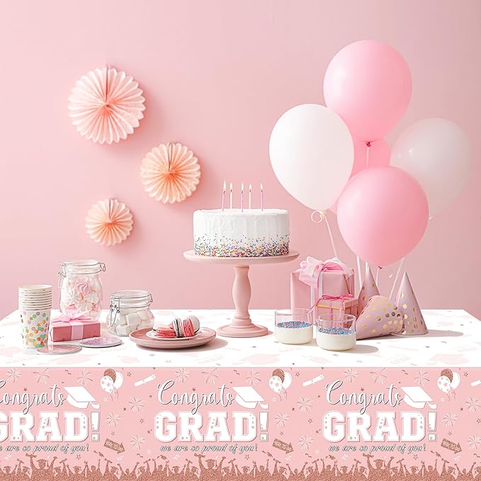 12 Pack Graduation Tablecloth Party Decorations, Class of 2026 Congrats Grad Plastic Tablecover Party Supplies, Pink Rectangle Graduation Table Decorations for College High School Party, 54 x 108 Inch