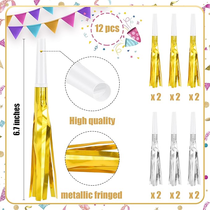 12 Pcs Glitter Noise Makers Metallic Fringed Party Blower for Adults Birthday Graduation New Years Party Favors Supplies (Gold and Silver)