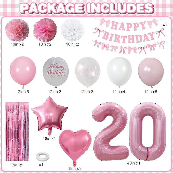 20th Birthday Decorations for Girls Pink Number 20 Balloon Bow Coquette Happy Birthday Banner Fringe Curtain Paper Pom Poms Star Heart Foil Pink White Balloons 20 Year Old Party Decor for Her