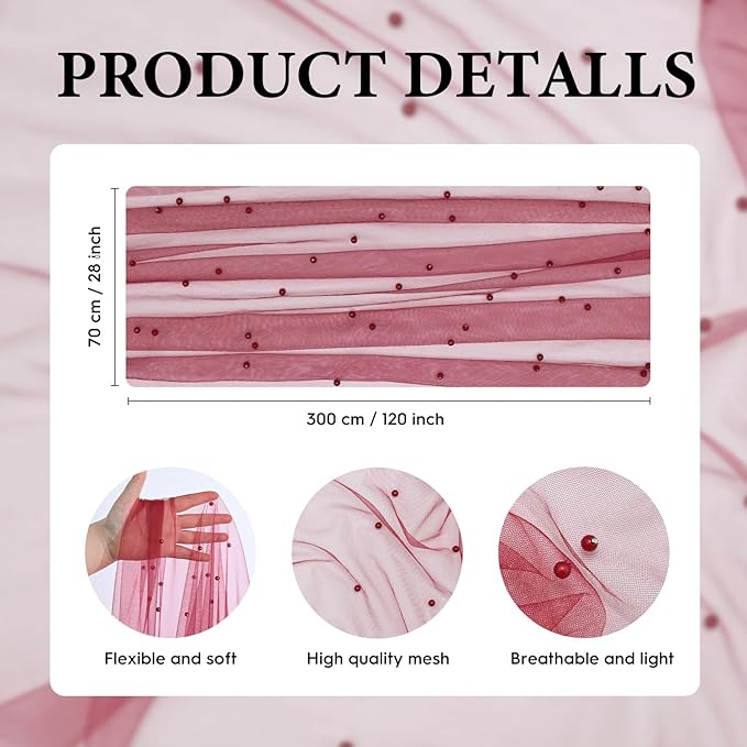 Artoid Mode 3PCS Pearl Burgundy Gauze Table Runner 120 Inch 10FT, Seasonal Sheer Dining Holiday Wedding Birthday Baby Shower Table Decor for Home Party