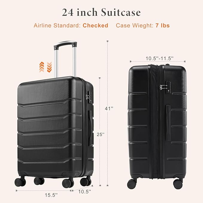 Sweetcrispy Carry on Luggage, Hard Shell ABS Suitcase with Double Spinner Wheels, Lightweight Expandable Rolling Suit Case with TSA Lock, 24 Inch Bronze Black