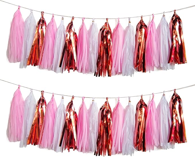 Shiny Tassel Garland Tissue Paper Tassel Banner,Tassels Party Decorations for Gender Reveal,Wedding,Birthday,Bridal/Baby Shower,Pack of 15 (Rose Gold/Pink/White)