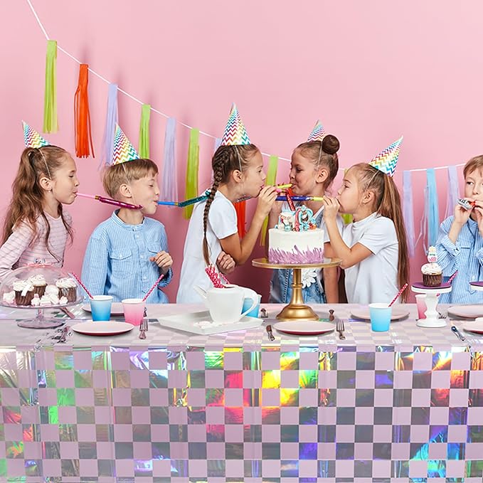 1Pack Iridescent Checkered and Purple Plastic Tablecloths Shiny Disposable Laser Rectangle Table Covers Holographic Foil Tablecloth Iridescent Party Decorations Birthday Bridal Baby Shower, 54x108Inch
