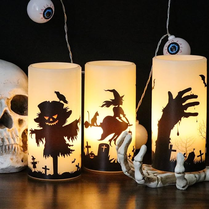Eldnacele Halloween Flickering Candles Set of 3 Battery Operated Halloween Themed LED Candles Horror Spooky Decoration…
