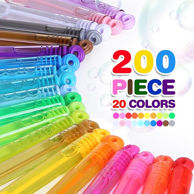 Mini Bubble Wands Bulk 200 Pack 20 Colors, Party Favors Toys for Kids Child, Christmas Celebration,Thanksgiving New Year, Themed Birthday, Wedding, Summer Outdoor, Bath Time, Gifts Box for Girls Boys