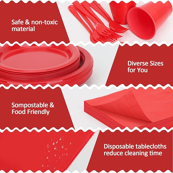 Red Plastic Dinnerware Set for Party, Disposable Plates for 100 Guests, 9" Dinner Plates & 7" Dessert Plates,Cups,Napkins,Forks,Plastic Plate Set for Birthday,BBQ,Christmas