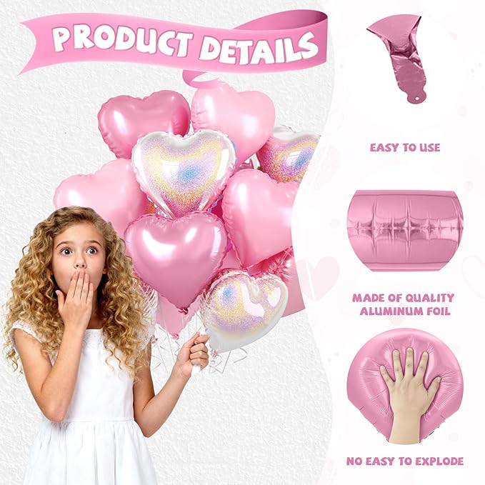 Pink and Silver Heart Balloons, 10 Pcs Pink Laser Silver Heart Shaped Balloon, 18 Inch Metallic Glitter Stars Foil Balloons for Girls Women Princess Brithday Baby Shower Valentines Party Decorations