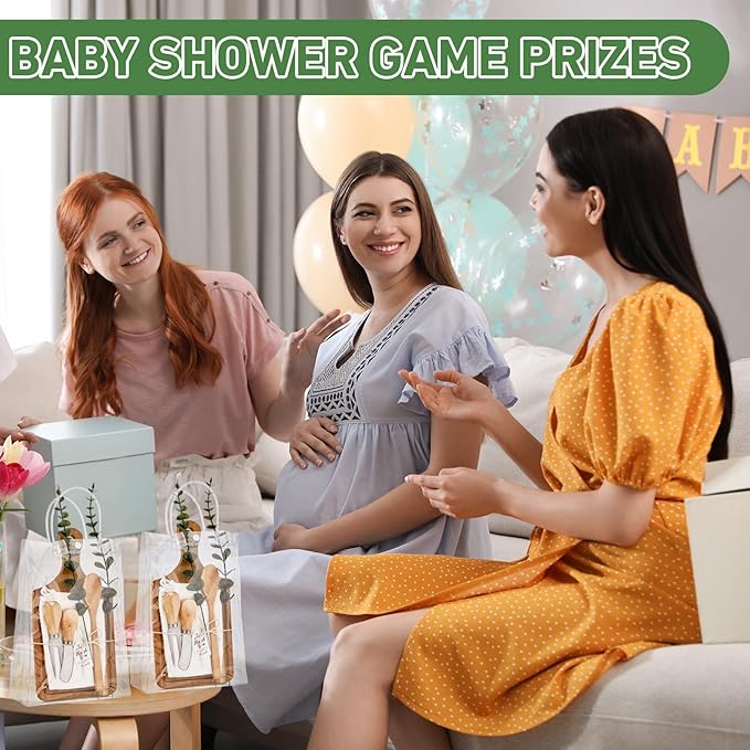 Baby Shower Prizes for Game Winners Bamboo Cheese Board Spoon Fork Butter Spreaders Plaid Towel Thank You Card and Gift Bags for Baby Shower Wedding Bridal Shower Favors (Acacia, 8 Sets)