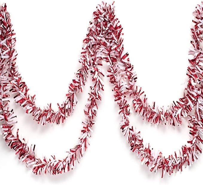 Anderson's Metallic Red & White Sparkle Glitter Tinsel Twist Garland, 25ft Holiday Decoration, Christmas Tree Trim, Parade Float Decor, Party Supplies, Graduation, Indoor/Outdoor Event Garland