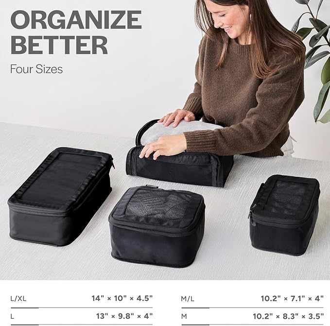 Aerotrunk Compression Packing Cubes for Travel - Luggage Organizer Bags - Double Zipper Packing Cubes for Suitcases (4-Pack, Black)