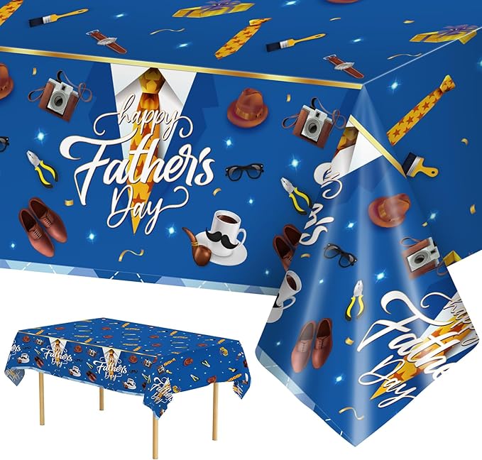 2 Pack Fathers Day Tablecloth - Happy Father's Day Table Cloth, Plastic Disposable Rectangle Blue Father Day Table Cover for Fathers Day Decorations Party Decor Supplies Favors,108 x 54 Inch