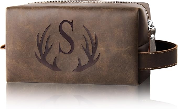 Unique Mens Travel Toiletry Bag Initial Graduation Gifts for Him PU Leather Waterproof Shaving Bag for Toiletries Accessories Travel Essentials College Graduates Graduation 2024 Presents (S)