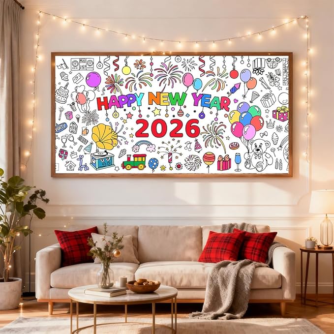 Happy New Year Coloring Tablecloth/Poster, New Years Decorations 2026, 72"x30" Giant Paper Coloring Banner Tablecloth for Kids Crafts Activities Party Decorations, Fun DIY New Years Eve Party Supplies
