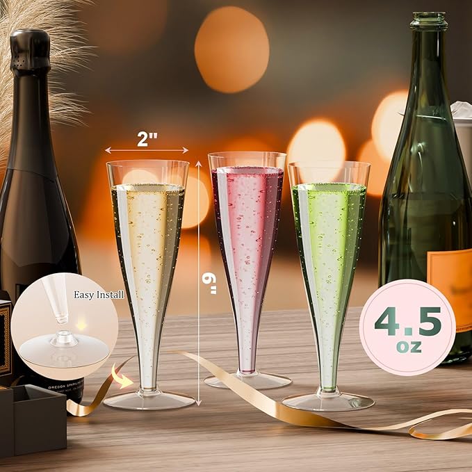 Plastic Champagne Flutes Disposable Wine Glasses - 40 Pack 4.5Oz Clear Mimosa Cocktail Cups Bulk for Wedding Women's Day Party Supplies Engagement Decor, Copas De Plastico Para Brindis