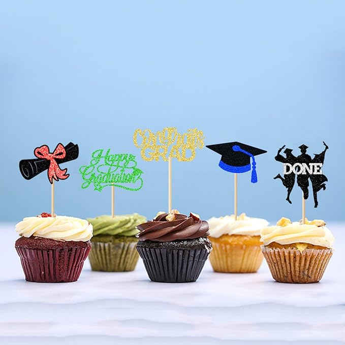 24 Pack 2026 Congrats Grad Cupcake Toppers Set, Graduation Cupcake Decor, Class of 2026 Cupcake Picks for Senior High School College Grad Party Decorations Supplies(Black with Red) B
