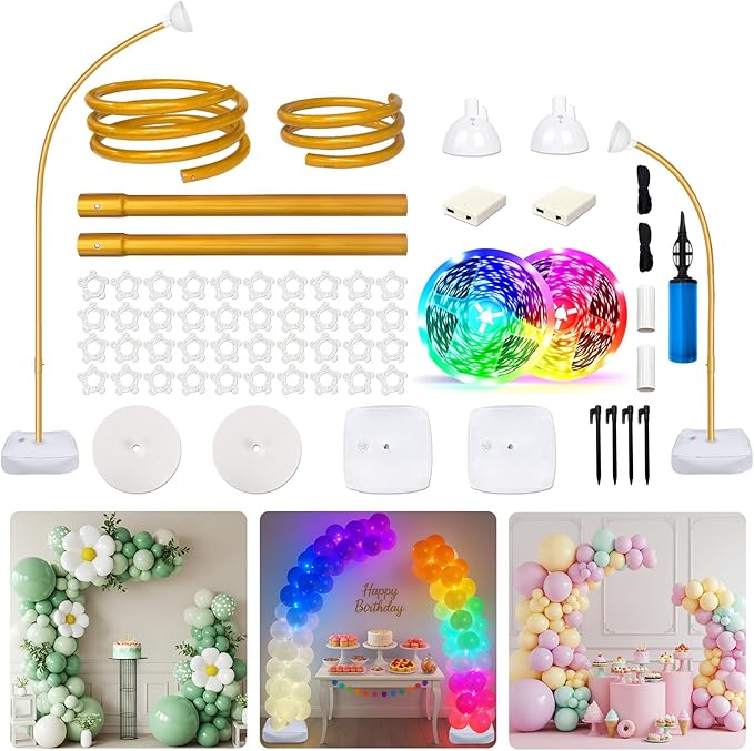 AerWo Lighted Balloon Arch Kit 9.35FT & 6FT, Free Bending Half Balloon Arch Stand with Base, Floor Gold Balloon Arch Frame for Wedding Birthday Party Baby Shower Yard Lawn Home Christmas Decorations