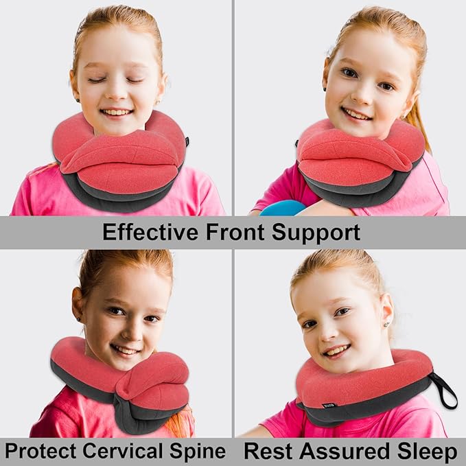 BUYUE Kids Travel Pillows for Airplane, 360° Head Support Sleeping Essentials for Boys Long Flight, Skin-Friendly Soft Neck Pillow for Traveling in Car Seat, (Small, Pink Grey, 40-90 lbs)