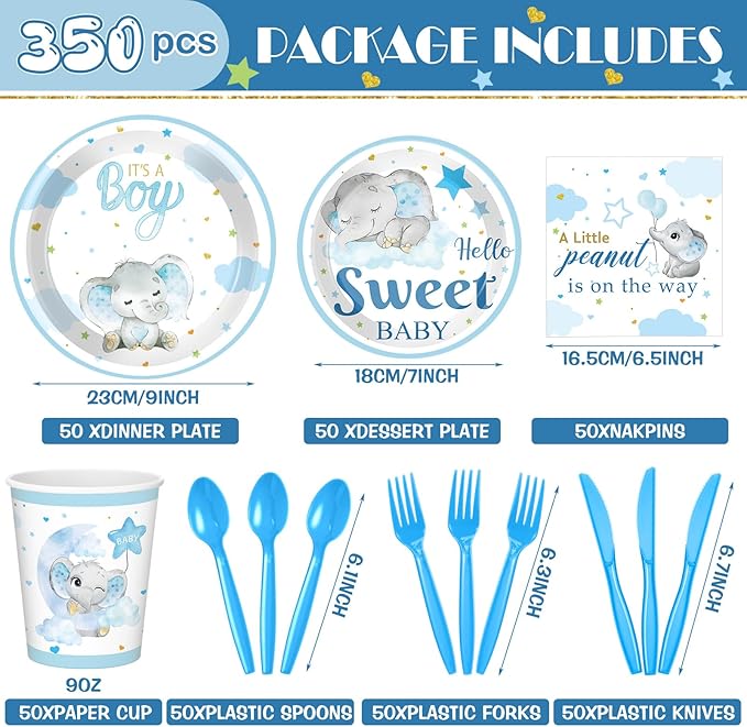 Dandat 350 Pcs Baby Shower Plates Set Baby Shower Party Supplies Serves 50 Tableware Sets Include Plates Napkin Cup Forks Knives Spoons Disposable Dinnerware(Elephant,Blue)