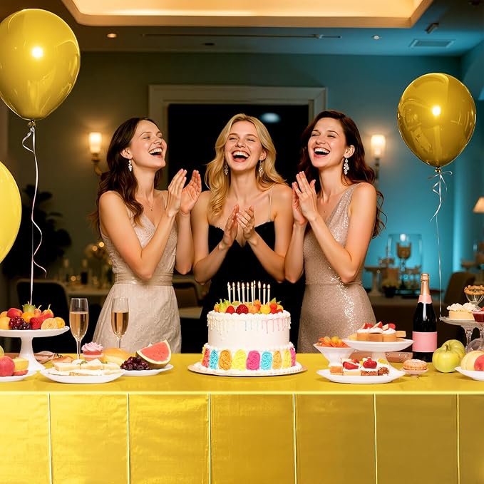 1 Piece Bright Gold Metallic Foil Tablecloth - Stunning Matte Finish, Durable and Easy to Clean - Perfect for Bachelorette, Birthday, Wedding, and Anniversary Party Decorations