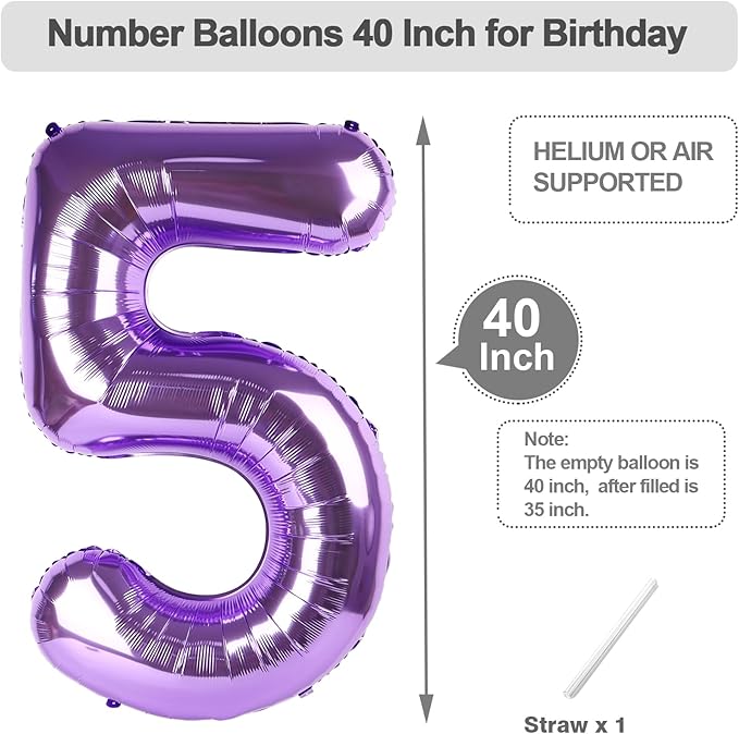 Number 5 Balloons 40 Inch Foil Balloons for Boys And Girls, Purple Numbers Balloon for 5, 15, 25, 50 Birthday Party Decoration, Anniversary, Wedding, Single Supplies