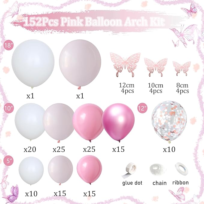 152Pcs Pastel Light Pink White Metallic Pink Balloon Arch Garland Kit,Pink White Rose Gold Confetti Balloon With Butterfly Stickers for Baby In Bloom Baby Shower Decorations Birthday Wedding Decor