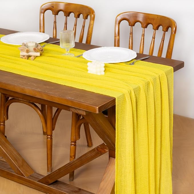 Socomi 3pcs Yellow Cheesecloth Table Runner Easter Spring Gauze 120 Inch Rustic Boho Cheese Cloth Runner for Wedding Party Baby Bridal Shower Centerpiece Decoration Holiday Home Decorations