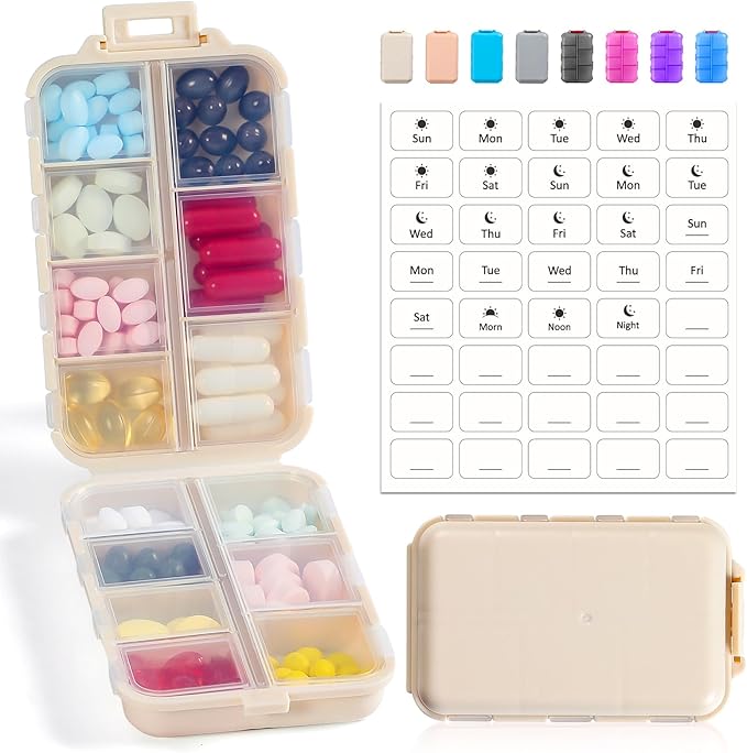 14 GRIDS Travel Pill Organizer Box with Labels - Travel Medicine Case Kit - Pocket Daily Pharmacy Container - Travel Medication Holder Dispenser for Fish Oil Vitamin Supplement Storage - Khaki