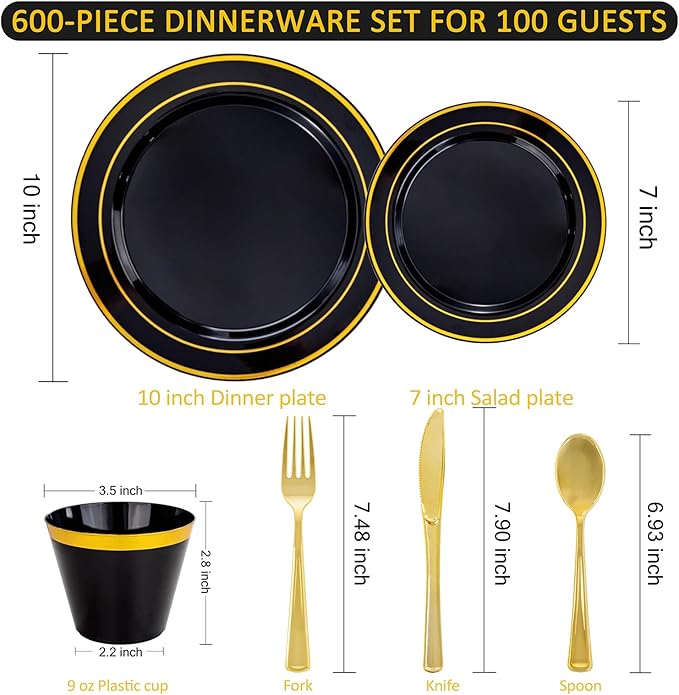 WELLIFE 600 PCS Black and Gold Disposable Dinnerware Set for 100 Guests, Gold rimmed Plastic Dinner Plates,Salad Plates,Cups,Silverware Set for New Year Party Supplies