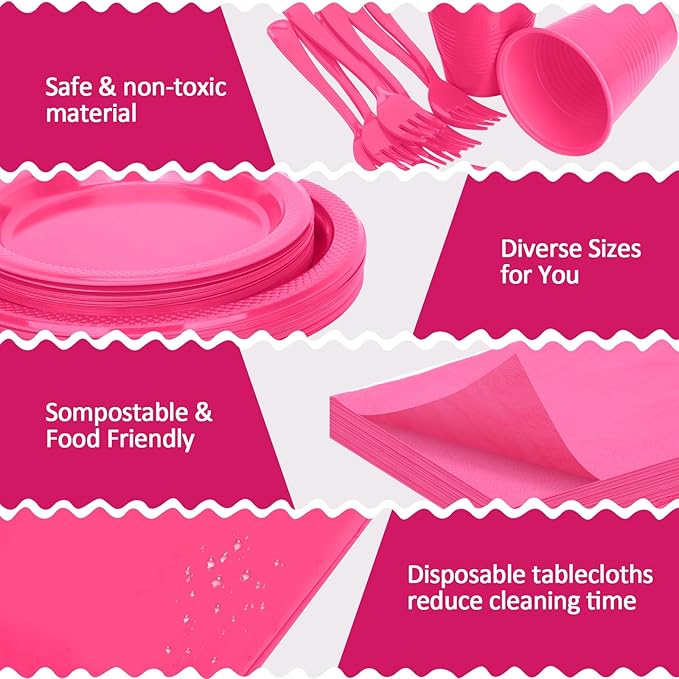 Hot Pink Plastic Plates for Party,30 Guest Disposable Plastic Plate Set 9" Plates,7" Dessert Plates,Napkins,12 oz Cups,Forks & Tablecloth for Girls Women,Summer Party,Birthday