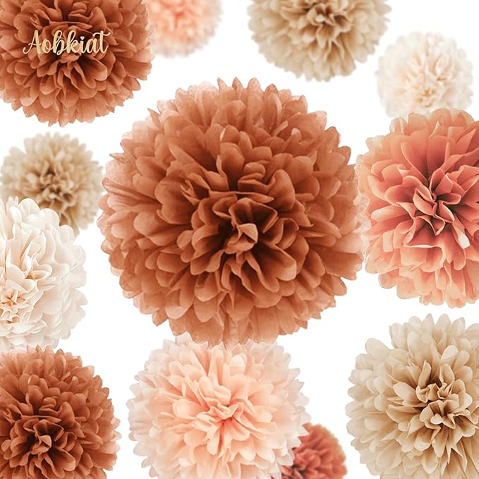 AOBKIAT Boho Fall Wedding Baby Shower Decorations,15PCS Brown Peach Tissue Paper Pom Poms,Circle Dots Colorful Paper Garland String Hanging Backdrop for Birthday Party,Retro Bridal Shower Engagement